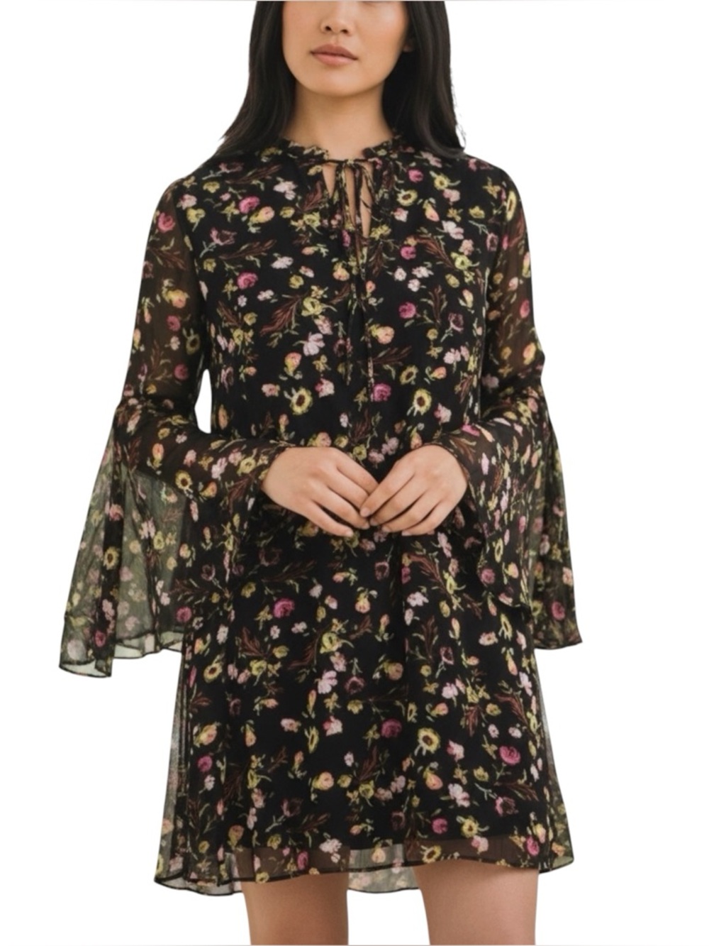 Philosophy Sheer Black Floral Tie-Neck A-Line Mini Dress w/ Bell Sleeves - Large